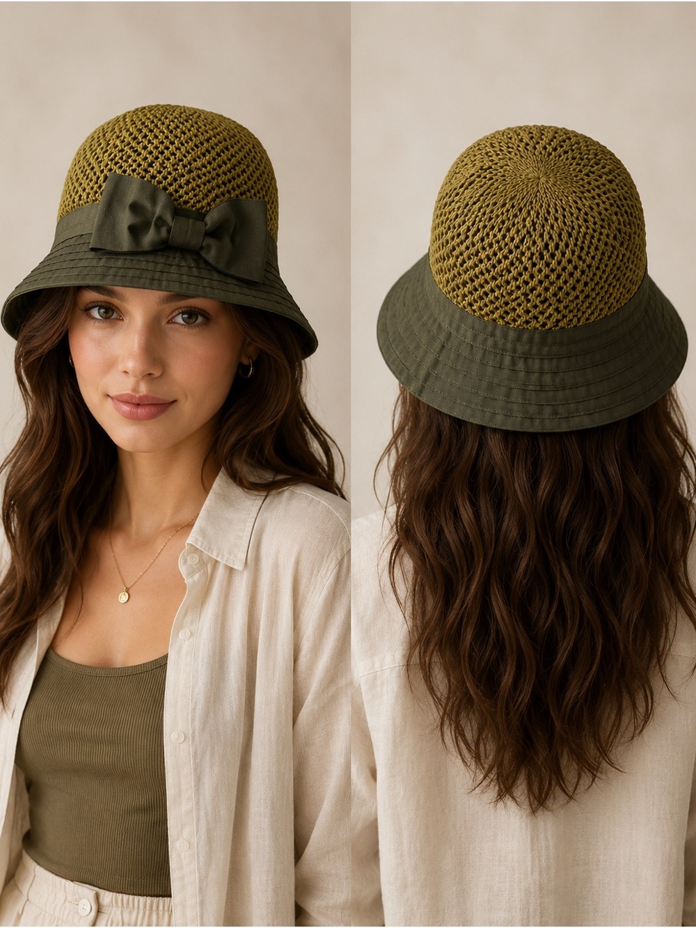 Badgley Mischka Olive Green Woven Bucket Hat with Bow